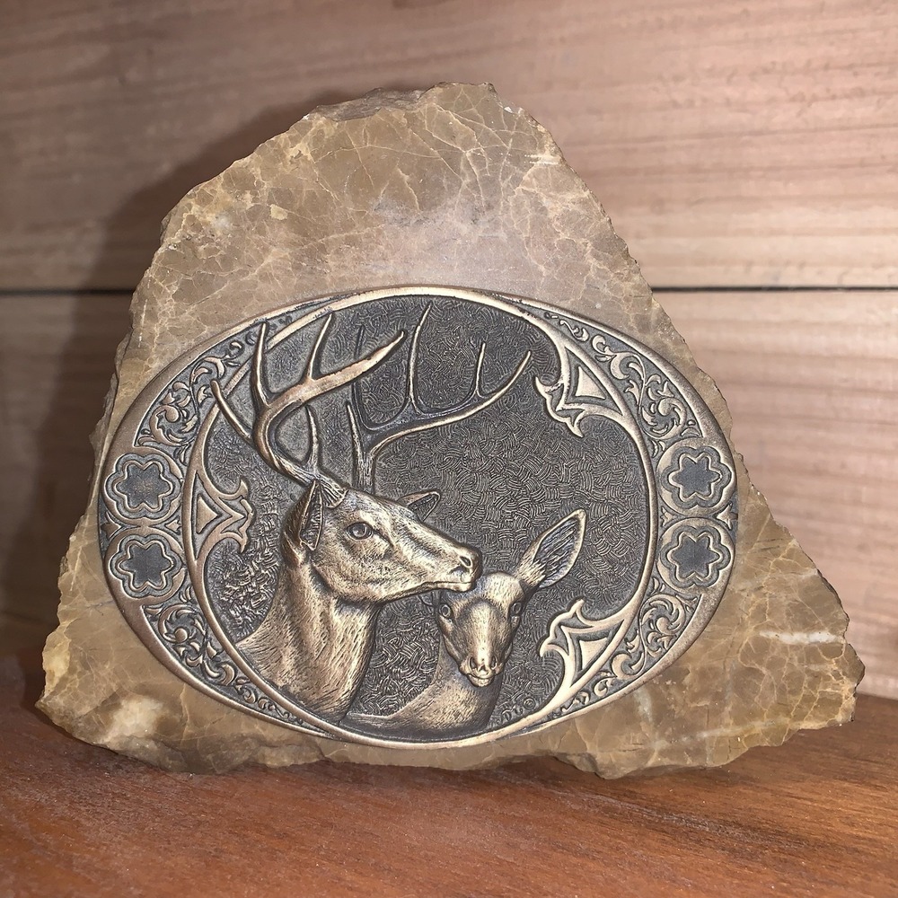 Deer & Doe Brass Bust Head Mounted Marble Paperweight Desktop Mancave Hunter